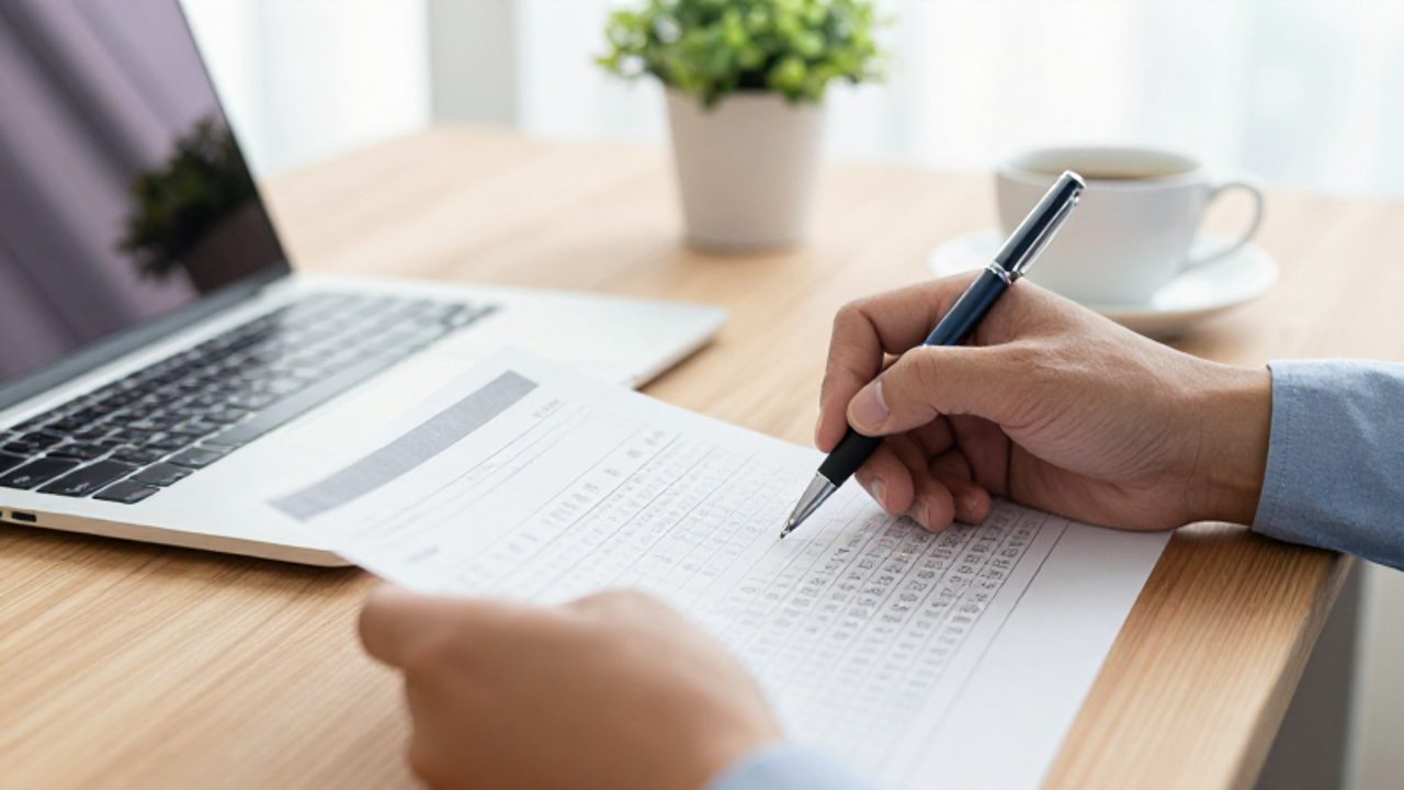 Manos de una persona señalando con un bolígrafo una hoja impresa con columnas de salarios, dividendos e intereses sobre un escritorio organizado.