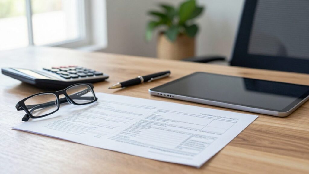 Escritorio organizado con documentos financieros, formularios de impuestos, una calculadora y una tablet en un entorno de oficina luminoso.