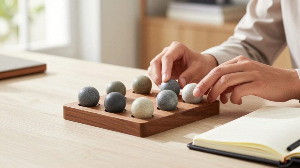 Manos de una persona reordenando esferas de piedra de distintos colores y texturas sobre un escritorio para crear una composición equilibrada.