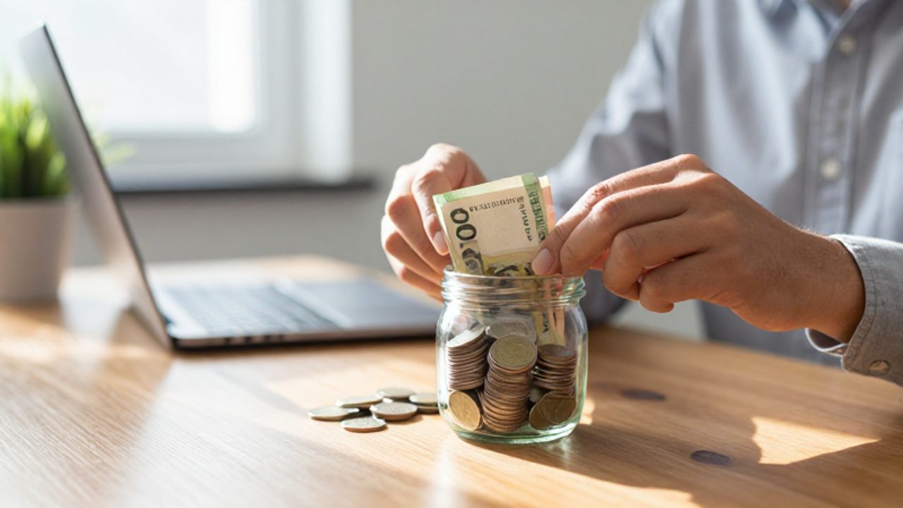 Manos organizando monedas y billetes dentro de un frasco de vidrio sobre un escritorio de madera.