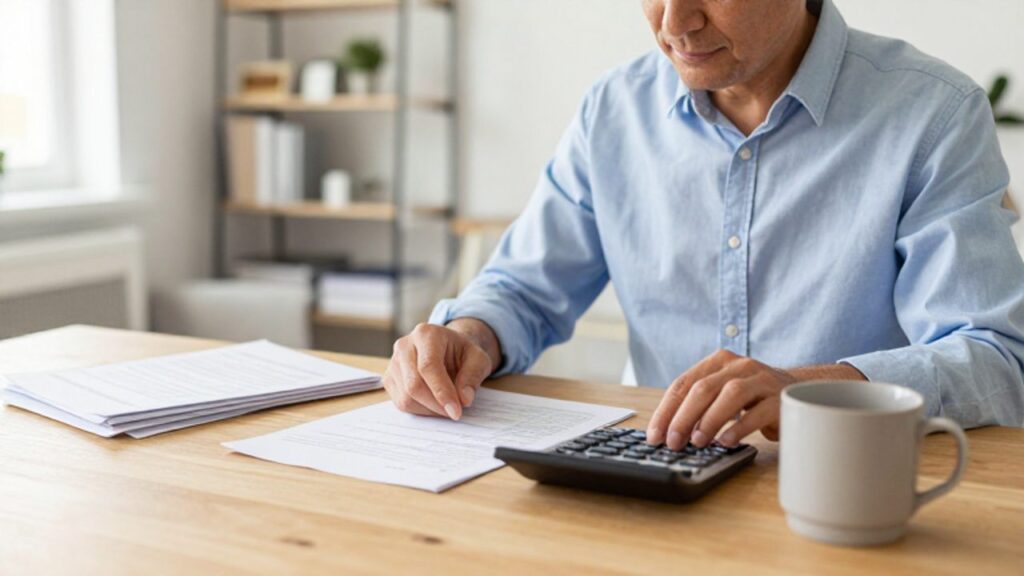 Persona sentada en un escritorio iluminado revisando con calma un planificador financiero y una calculadora.