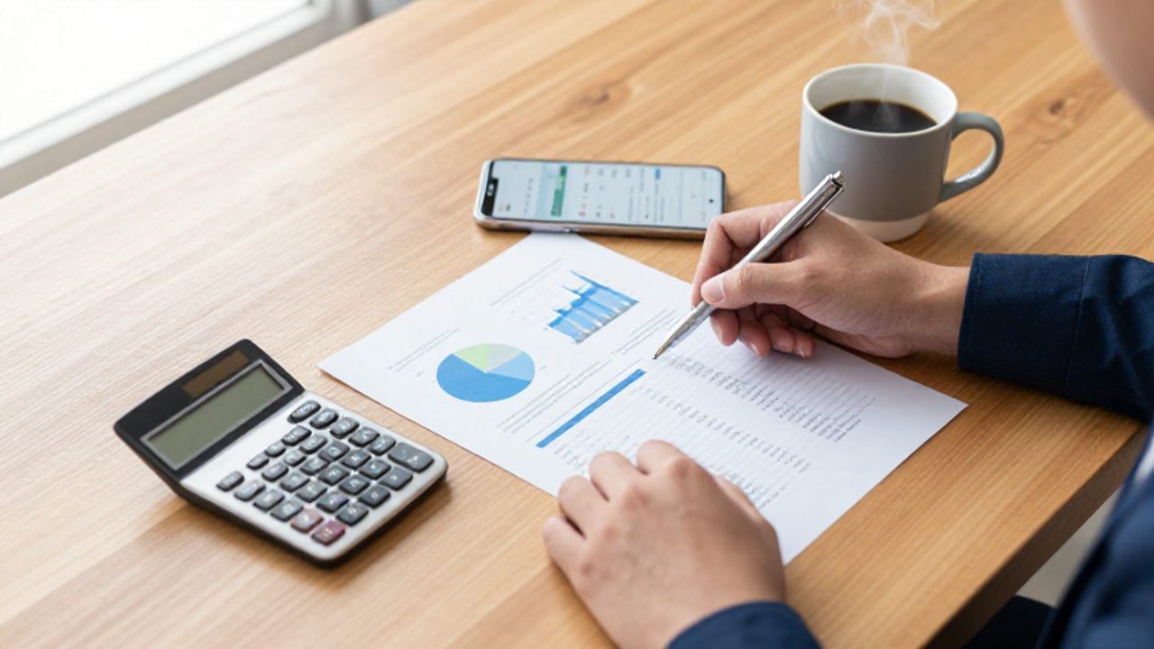 Manos analizando documentos financieros con gráficos de tasas de interés sobre un escritorio organizado junto a una calculadora y un café.