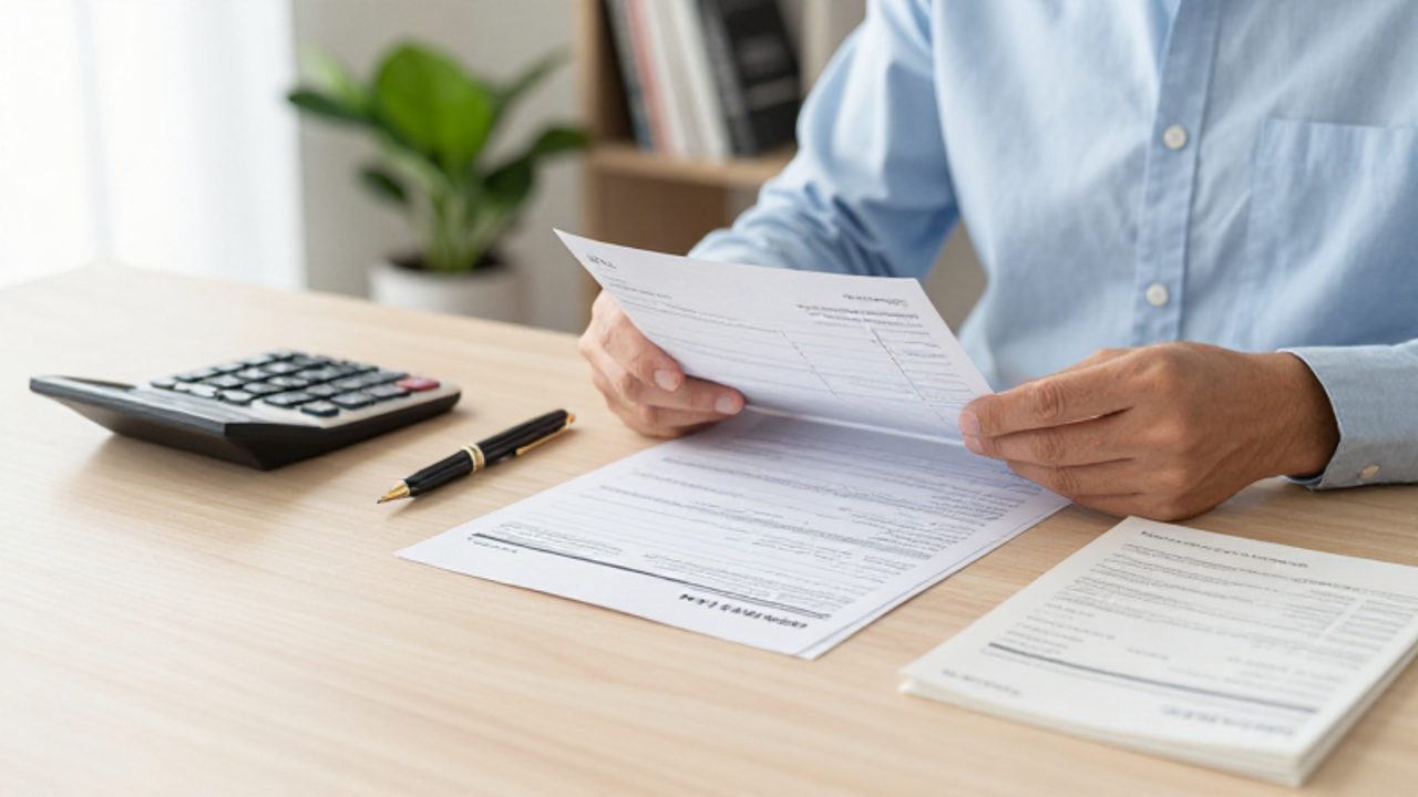 Manos organizando facturas médicas, pólizas de seguro y una calculadora sobre un escritorio de madera para la planificación de impuestos.