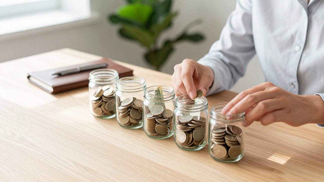Manos organizando varios frascos de cristal con monedas y billetes sobre un escritorio de madera para representar distintos objetivos de ahorro.