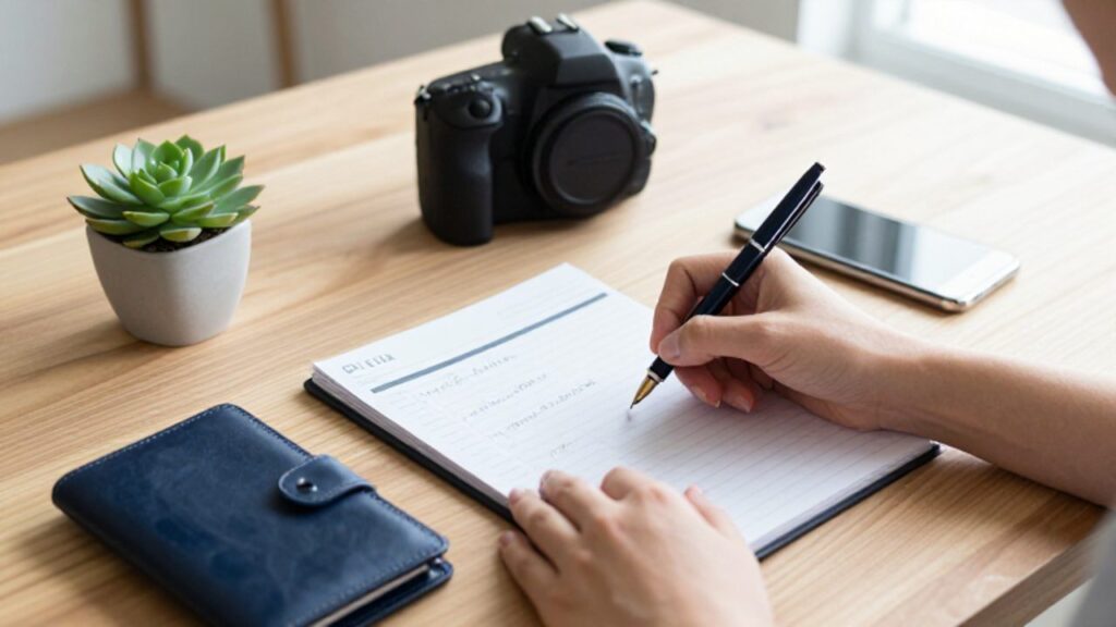 Manos escribiendo notas en una agenda sobre un escritorio organizado junto a un smartphone y una cartera.