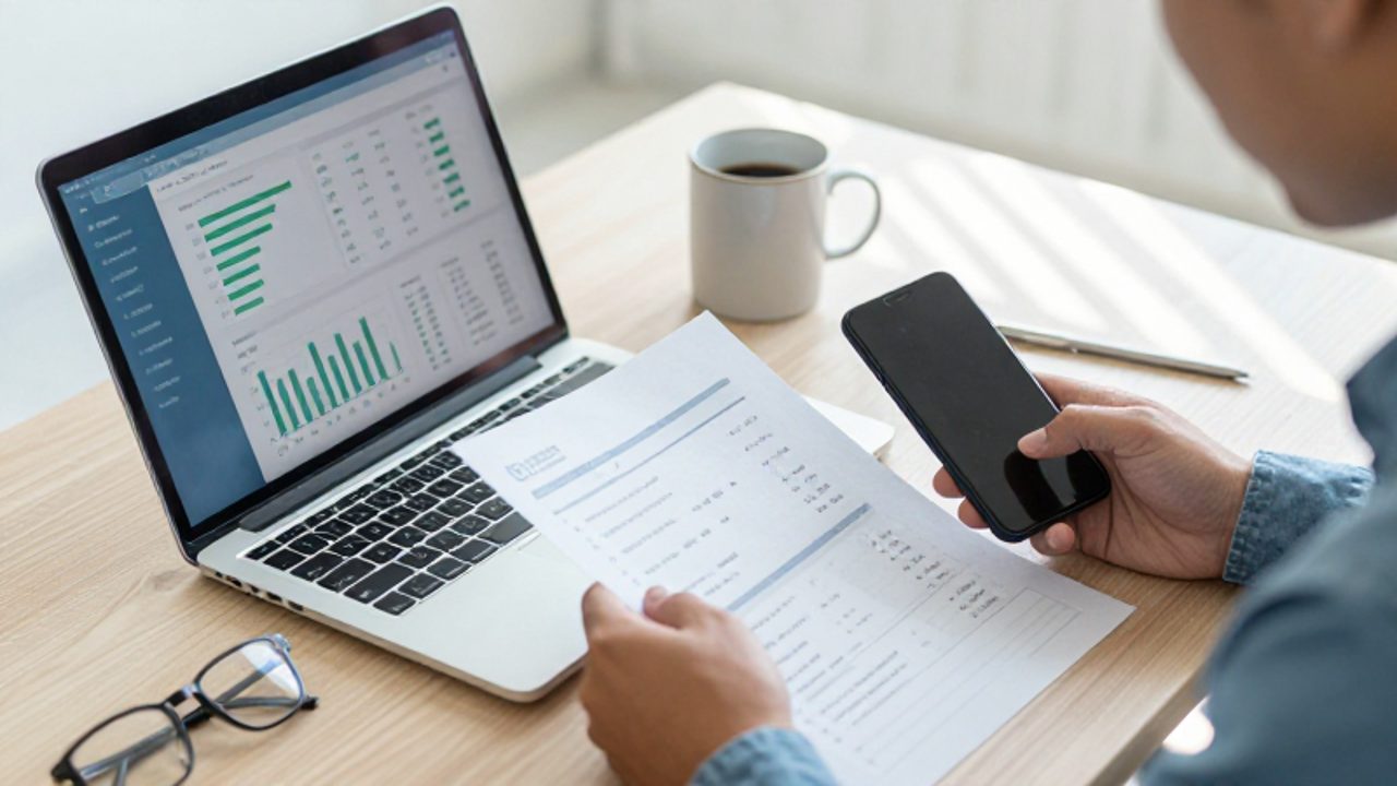 Persona revisando datos bancarios en un documento impreso mientras utiliza un ordenador portátil con gráficos de inversión en una oficina luminosa.