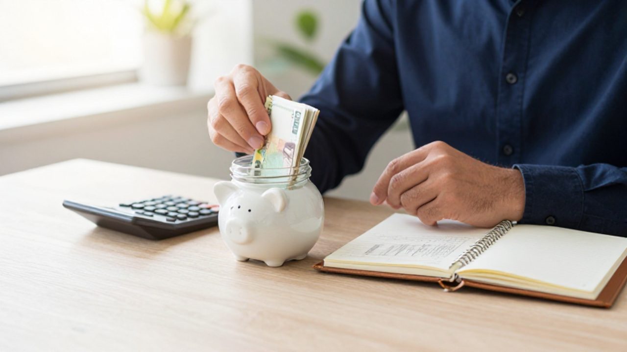 Manos depositando billetes en un frasco de ahorros junto a una calculadora y un cuaderno de notas sobre un escritorio de madera.