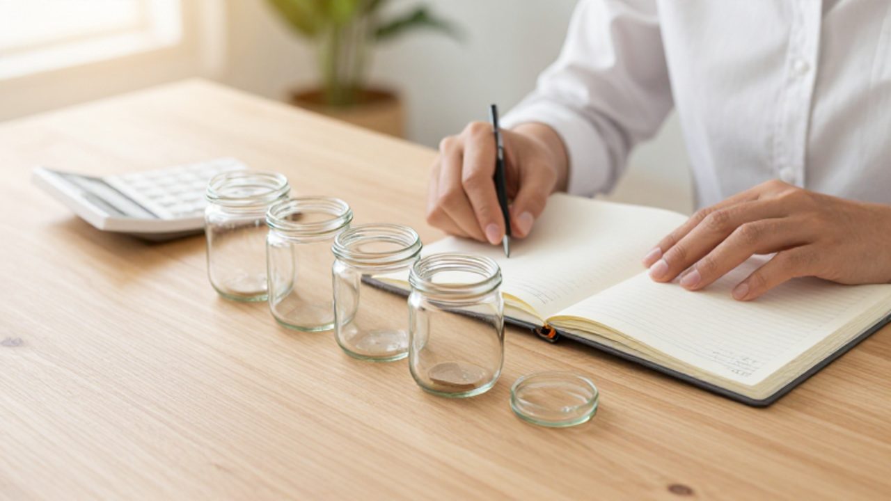 Manos de una persona organizando frascos de vidrio de distintos tamaños junto a un cuaderno y una calculadora en un escritorio de madera.