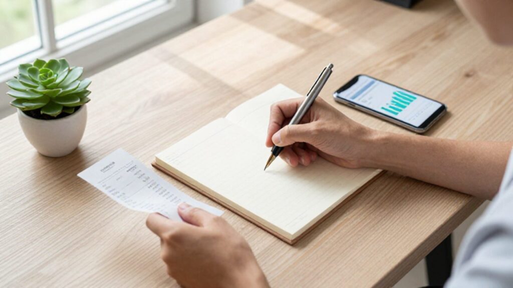 Manos organizando un planificador, un recibo y un smartphone con un gráfico financiero sobre un escritorio de madera.