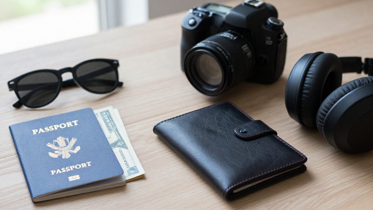 Comparativa entre un kit de viaje básico con pasaporte y efectivo frente a uno avanzado con smartphone, cámara profesional y auriculares sobre una superficie de madera.