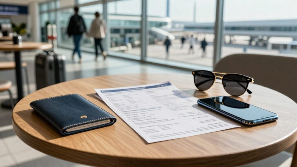 Documentos de viaje, un pasaporte y un itinerario sobre la mesa de una cafetería con un aeropuerto iluminado al fondo.