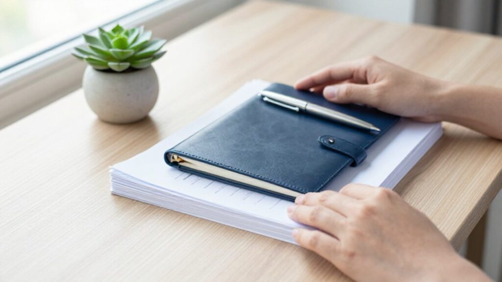 Manos organizando documentos, un cuaderno y una pequeña planta sobre un escritorio de madera despejado y luminoso.