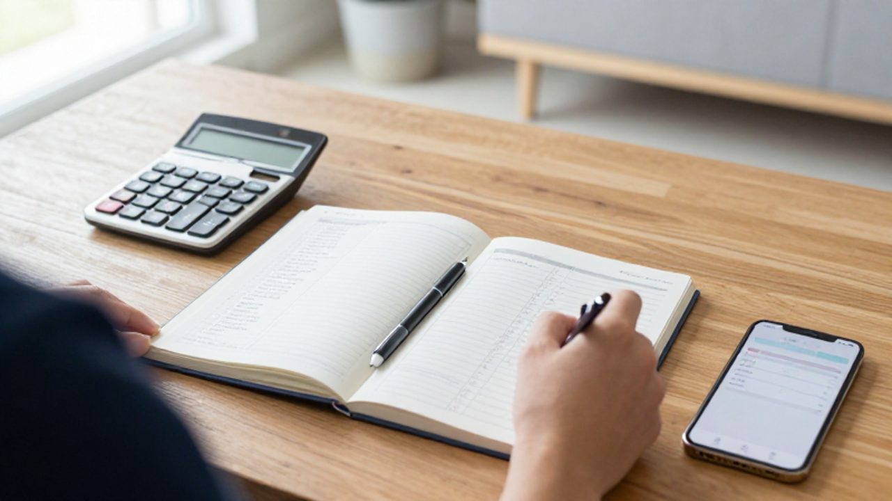 Persona organizando sus finanzas mensuales en un cuaderno con columnas de gastos, junto a una calculadora y un smartphone en un escritorio ordenado.