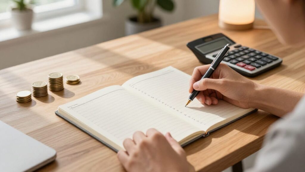 Manos escribiendo cifras en una agenda organizada sobre un escritorio de madera junto a una calculadora y algunas monedas.