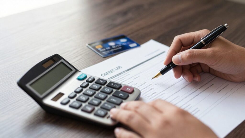 Manos revisando un estado de cuenta con una calculadora y un bolígrafo sobre un escritorio de madera.