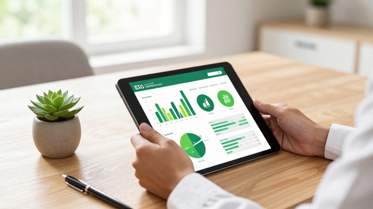 Manos de una persona analizando un informe de sostenibilidad con gráficos de crecimiento en una tablet sobre un escritorio de oficina iluminado por luz natural.