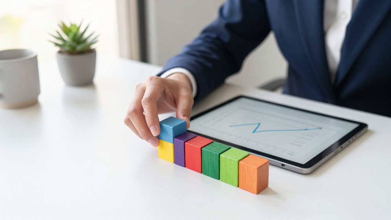 Manos organizando bloques de madera de colores junto a una tableta que muestra un gráfico financiero de crecimiento constante en un escritorio ordenado.