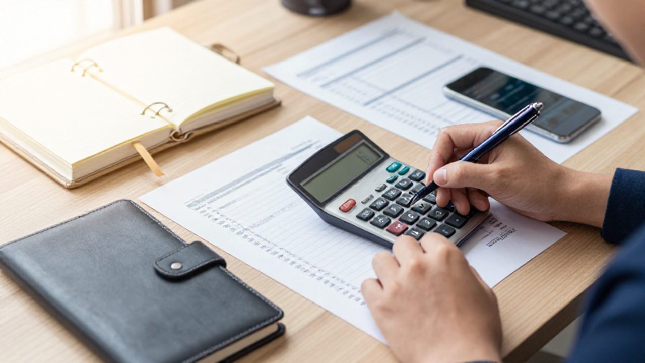 Manos de una persona usando una calculadora y un bolígrafo para revisar una hoja de gastos y una agenda sobre un escritorio organizado.