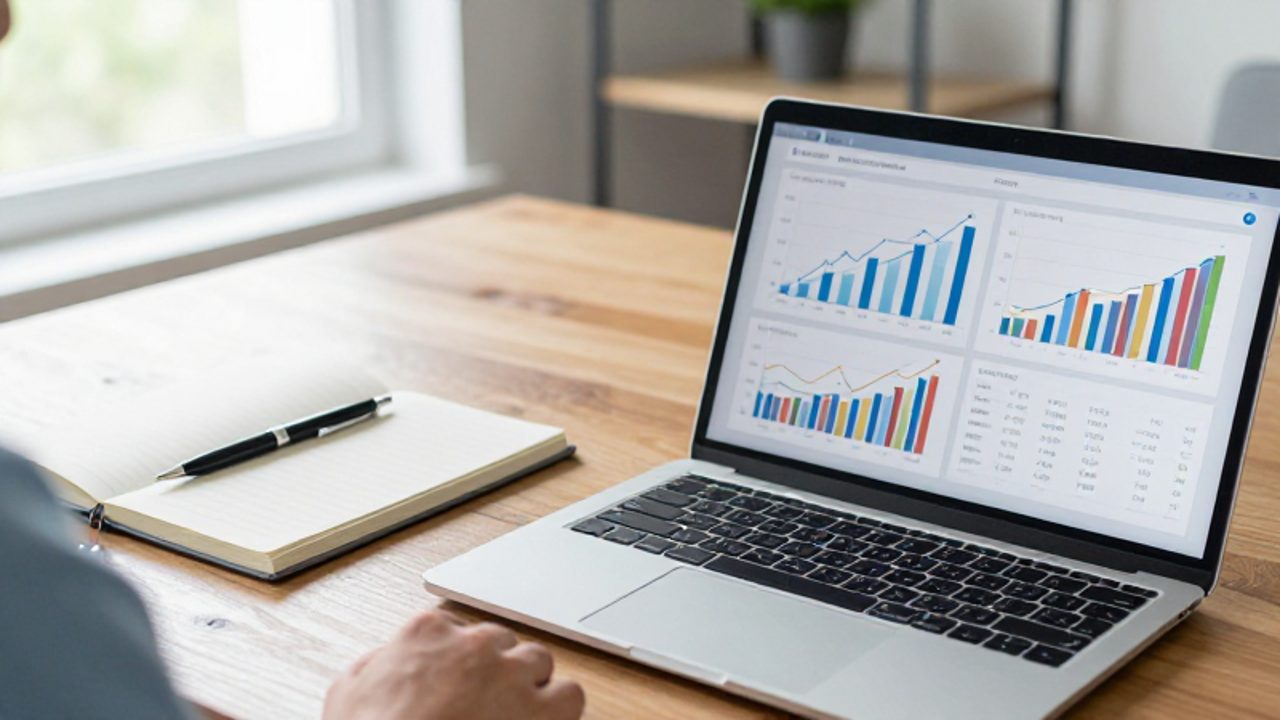 Laptop sobre un escritorio de madera mostrando gráficos de barras y líneas sobre tendencias de inversión y crecimiento de ahorros.