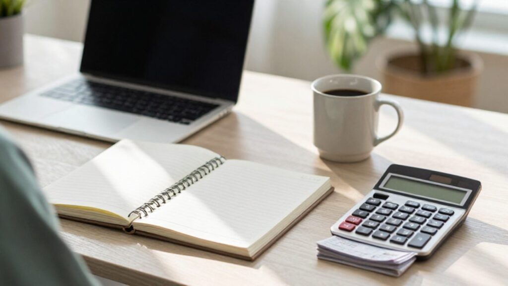 Escritorio organizado de un freelancer con una agenda abierta, una calculadora y recibos junto a un ordenador portátil en una oficina iluminada.