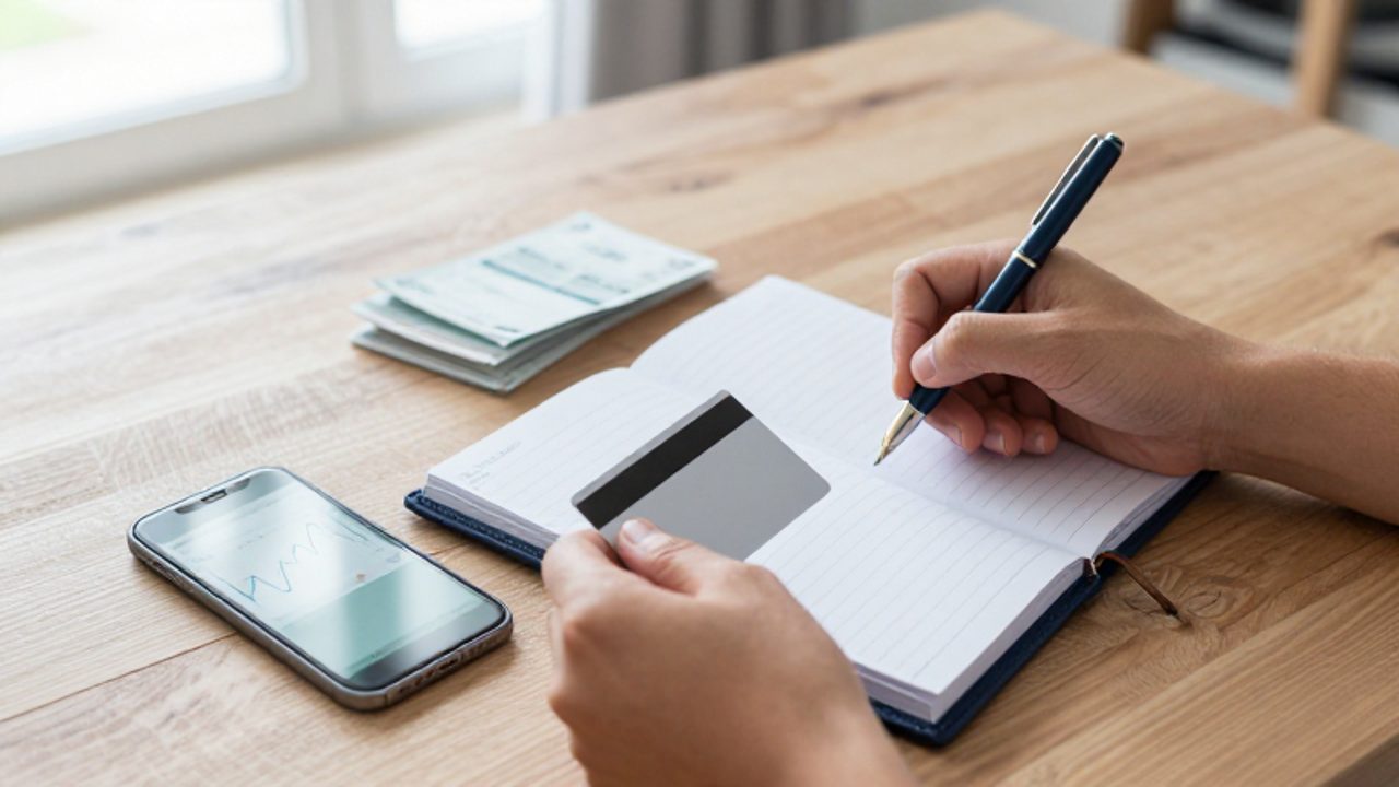 Una persona organiza sus finanzas sobre un escritorio de madera usando una tarjeta de débito, un planificador financiero y un smartphone con gráficos de ahorro.