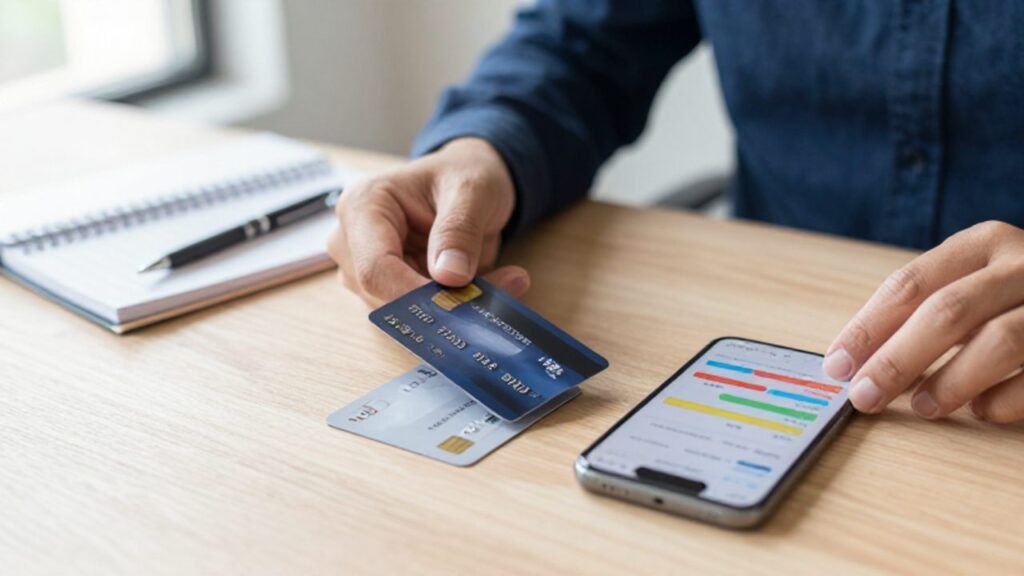 Manos organizando tarjetas de crédito y débito junto a un smartphone con un gráfico de control financiero sobre un escritorio de madera.