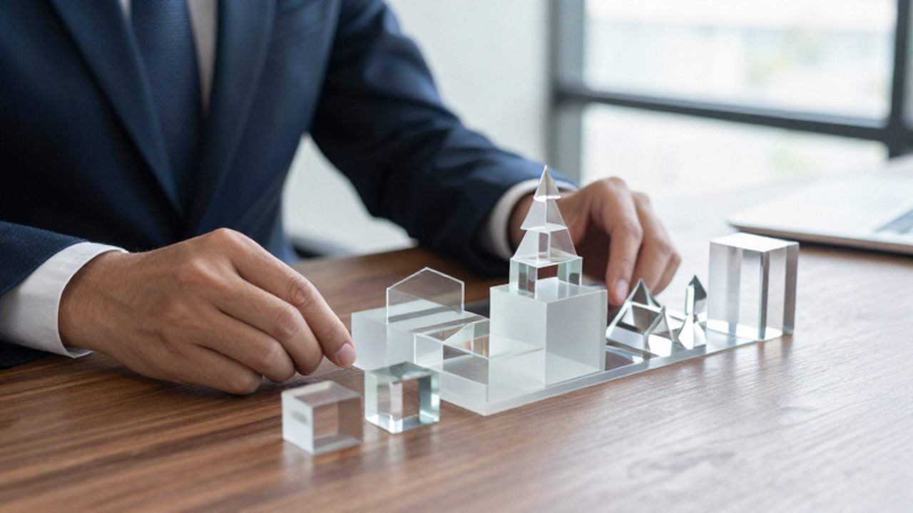 Manos de un inversor analizando modelos geométricos de vidrio sobre un escritorio para representar diferentes estructuras de inversión.