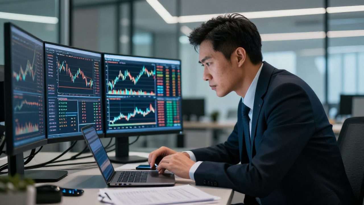Analista financiero concentrado estudiando gráficos de tendencias bursátiles en múltiples monitores dentro de una oficina moderna.