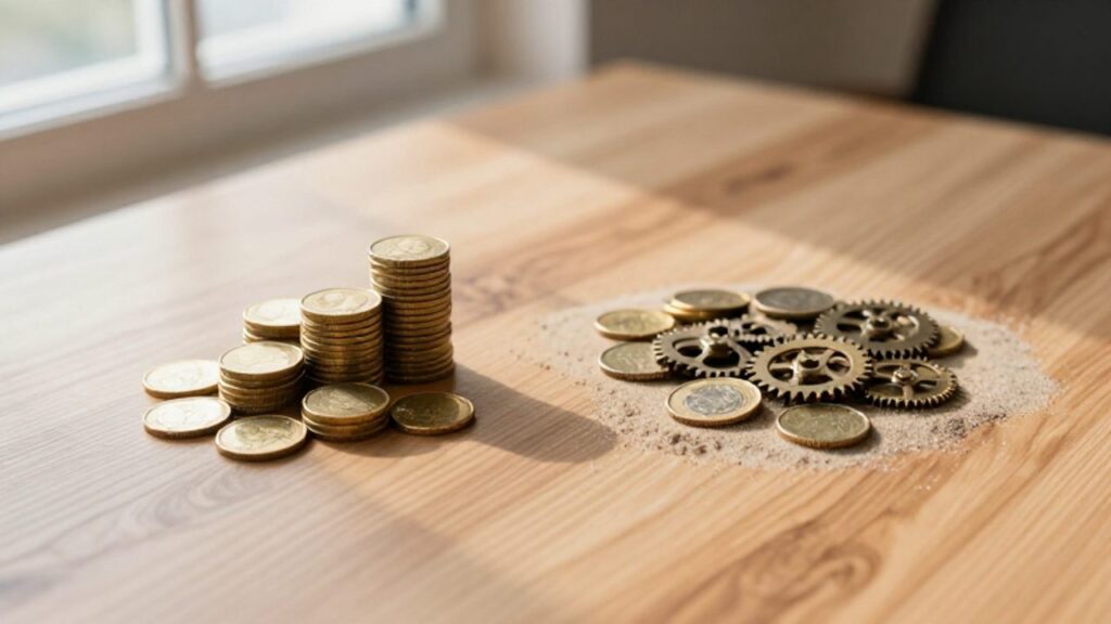 Una pila ordenada de monedas de oro junto a un grupo de monedas dispersas con engranajes y arena, simbolizando la diferencia entre la inversión pasiva y el desgaste de la inversión activa por las comisiones.