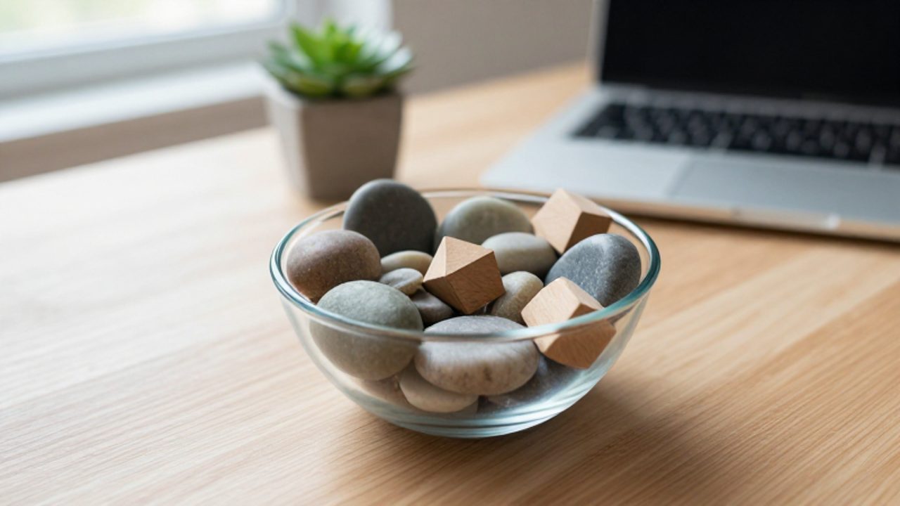 Un cuenco con piedras y formas geométricas de madera sobre un escritorio, simbolizando una cartera de inversión diversificada y equilibrada.