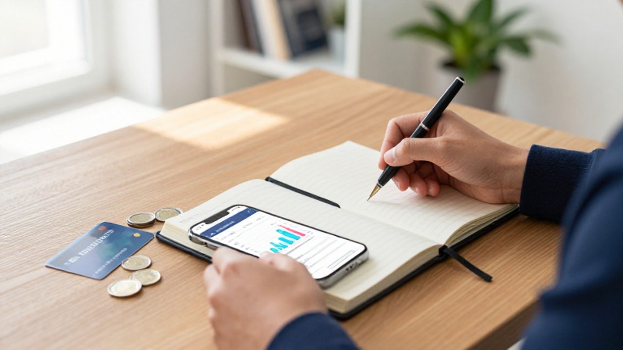 Persona organizando su presupuesto personal con un cuaderno, tarjetas de crédito y un smartphone que muestra un gráfico de crecimiento financiero sobre un escritorio de madera.