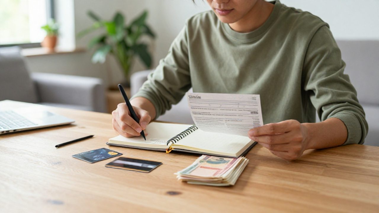 Persona organizada en un escritorio luminoso anotando planes financieros en una agenda mientras ordena tarjetas de crédito y facturas.