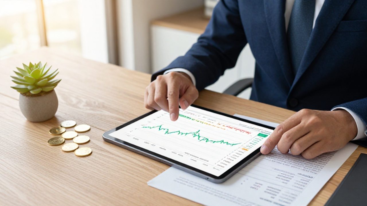 Tablet con un gráfico de tendencias financieras junto a monedas de oro sobre un escritorio ordenado, simbolizando estabilidad y crecimiento de una cartera de inversión.