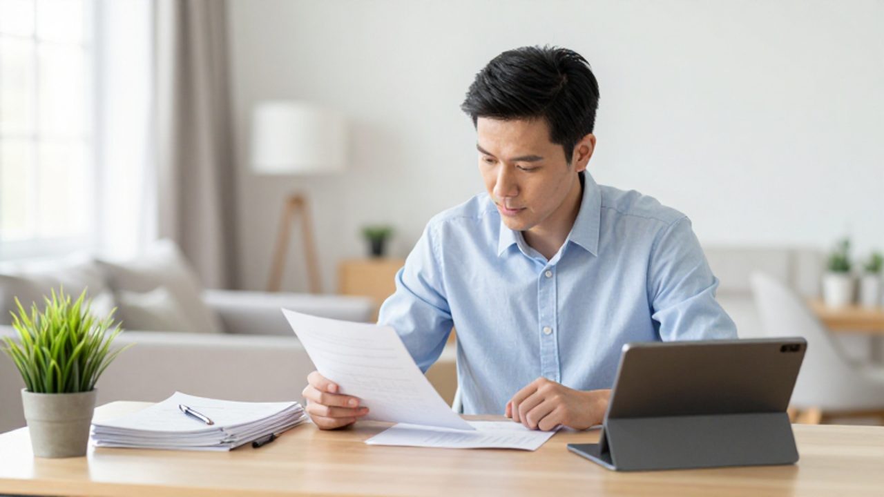 Hombre sentado en un despacho moderno revisando documentos financieros y una tablet con actitud calmada y concentrada.
