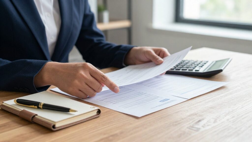 Manos organizando documentos financieros, una calculadora y una agenda sobre un escritorio de madera en una oficina luminosa.