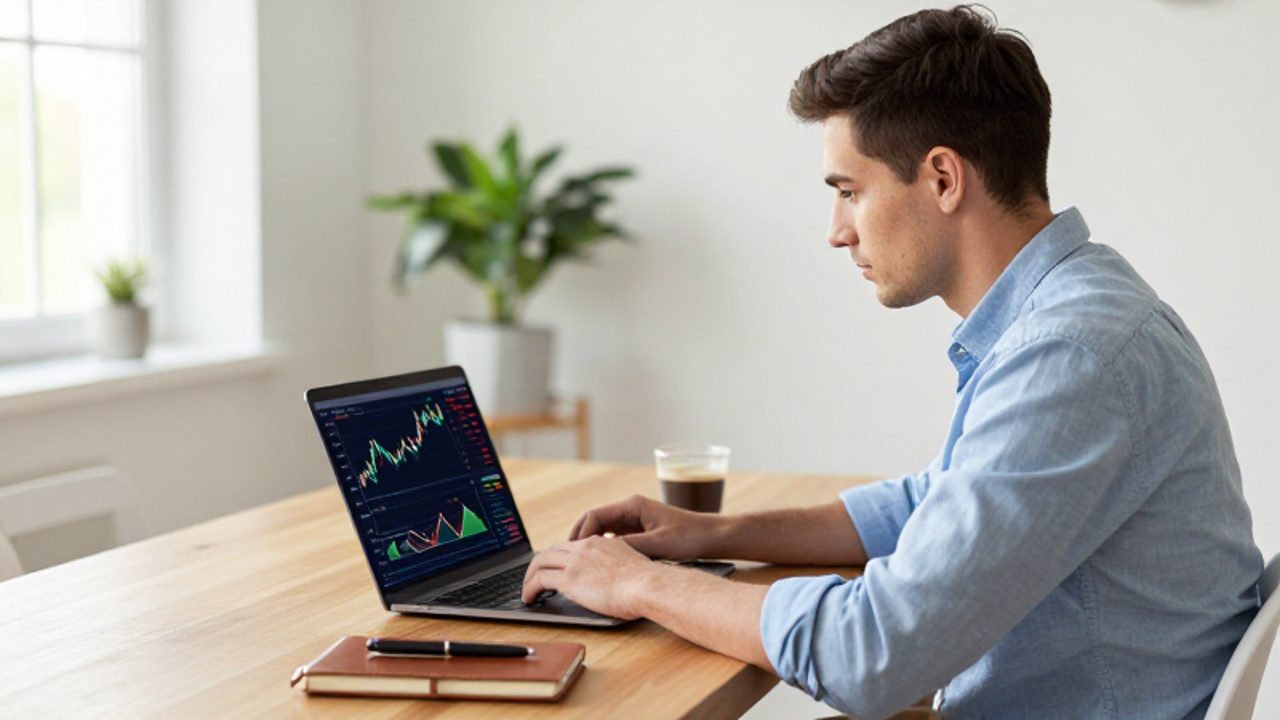 Persona joven trabajando concentrada frente a un portátil que muestra gráficos de crecimiento financiero en una oficina luminosa y organizada.