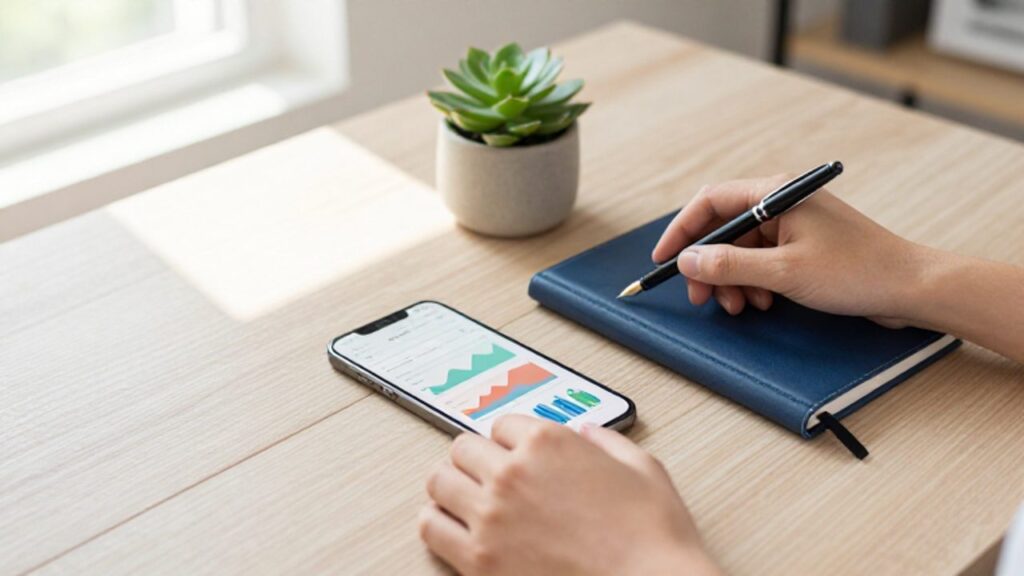 Manos organizando un escritorio con un smartphone que muestra gráficos de crecimiento financiero, un cuaderno y una pequeña planta.