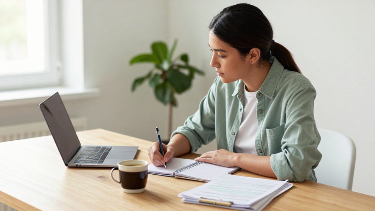 Persona joven trabajando concentrada en un escritorio luminoso, escribiendo en una agenda mientras consulta su portátil para planificar sus finanzas.