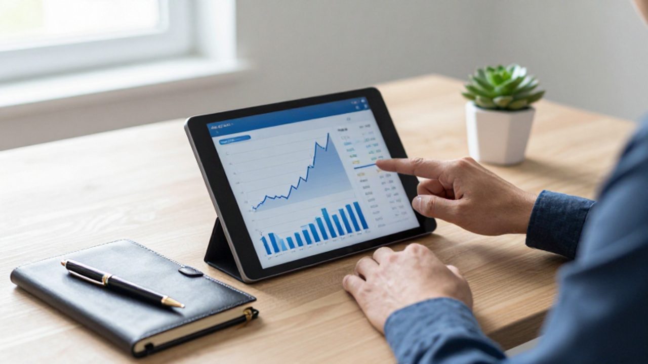 Manos trabajando sobre un escritorio con una tableta que muestra gráficos de crecimiento financiero ascendente junto a una libreta y un bolígrafo.