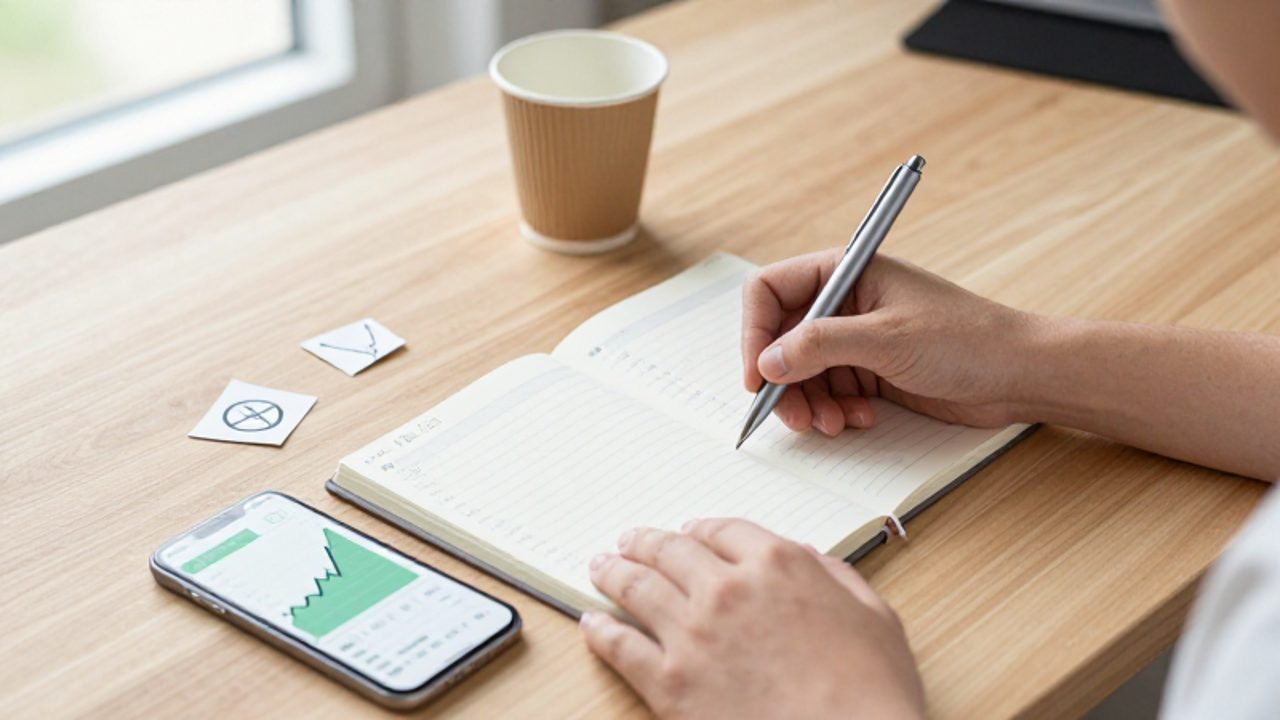 Manos organizando un presupuesto en una libreta junto a un smartphone que muestra gráficos de crecimiento financiero sobre un escritorio ordenado.