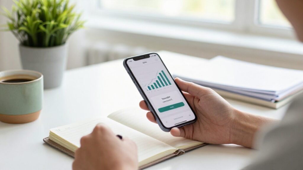 Manos de una persona interactuando con un smartphone que muestra una aplicación de finanzas y una notificación de transferencia exitosa en un escritorio organizado.