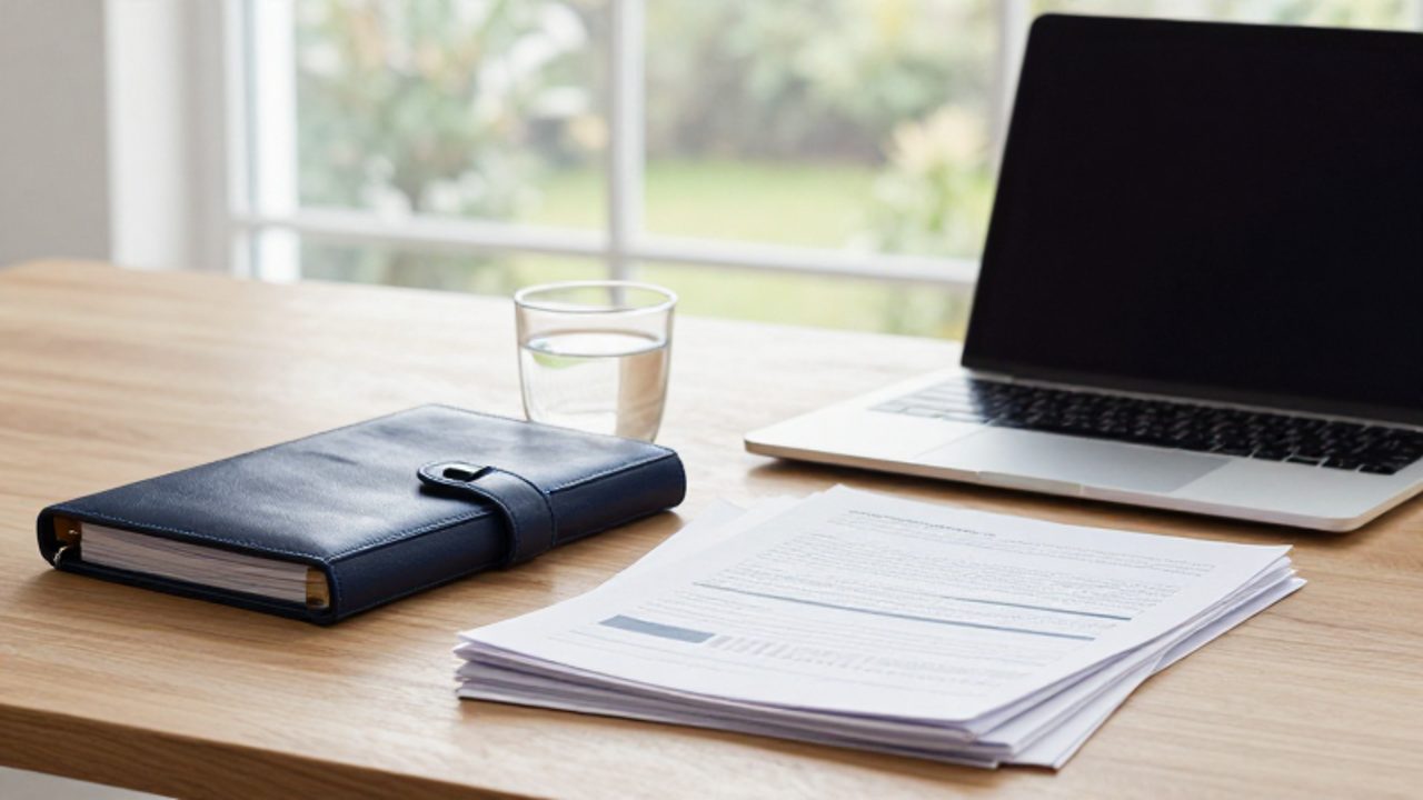 Escritorio de oficina ordenado con una computadora portátil, una agenda financiera y reportes impresos sobre una mesa de madera.