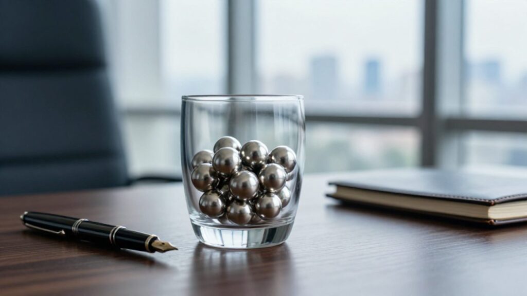 Esferas de plata pulida llenando un recipiente de cristal sobre un escritorio de oficina, simbolizando la diversificación de activos financieros.