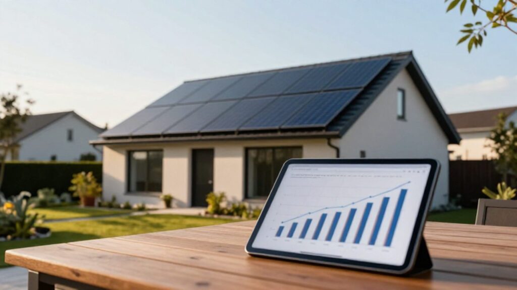 Paneles solares instalados en el tejado de una casa moderna bajo la luz del atardecer con una tableta en primer plano que sugiere ahorros financieros.