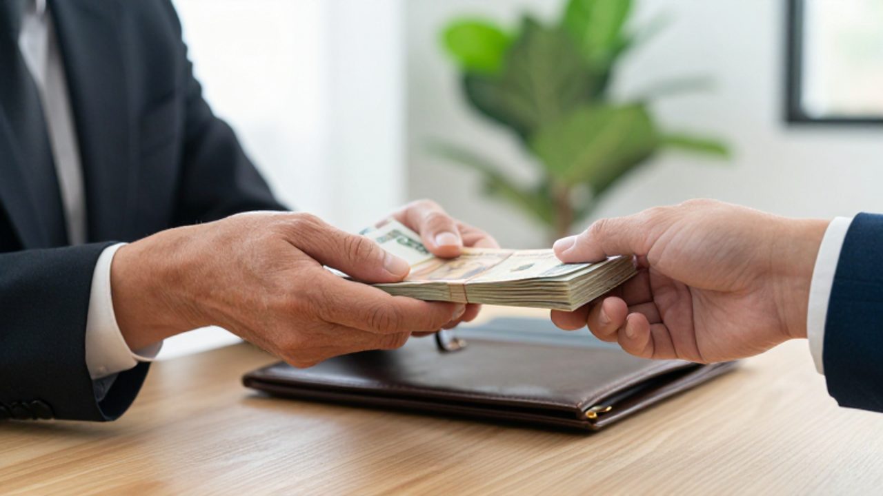Manos de una persona mayor entregan un fajo de billetes y una carpeta de cuero a una persona joven en una oficina luminosa, simbolizando la transferencia de patrimonio.