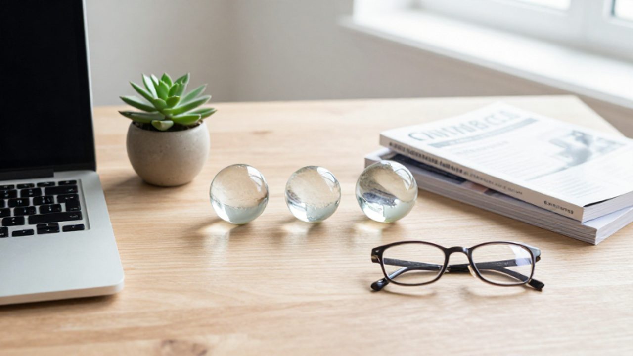 Escritorio ordenado sobre madera con un ordenador, plantas y tres esferas de cristal de distintos tamaños que simbolizan la variedad de activos financieros.
