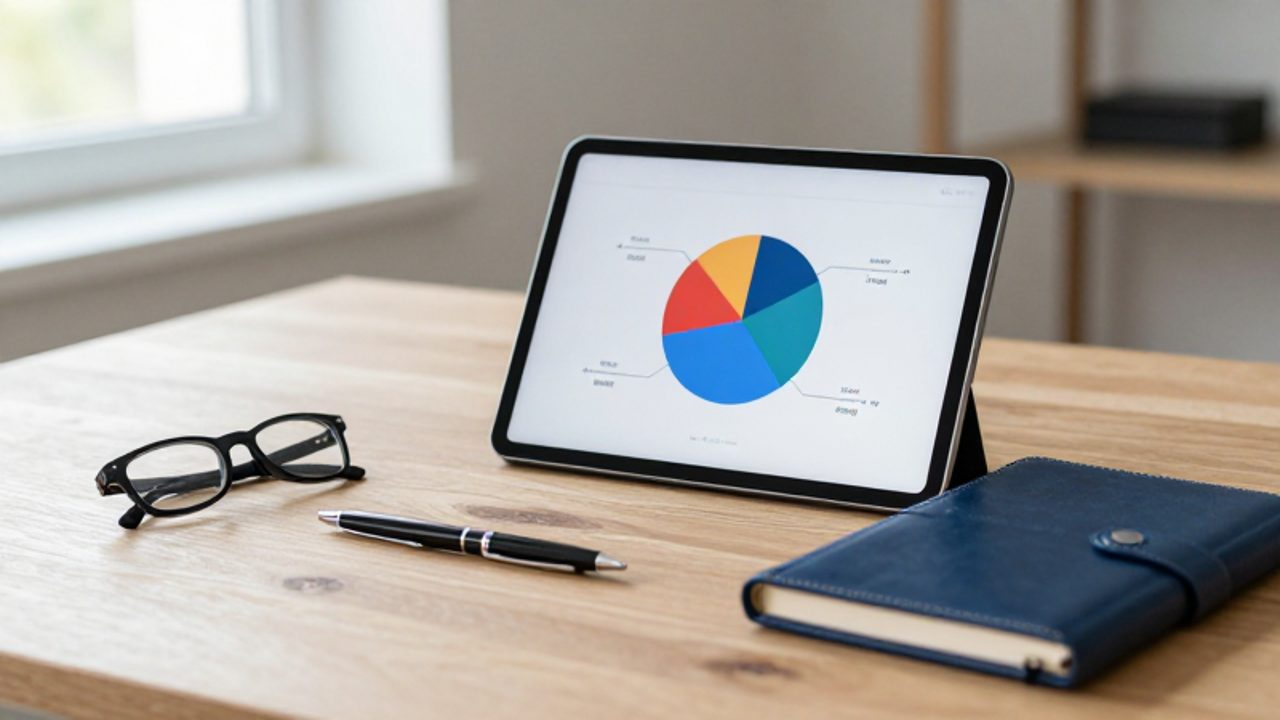 Un gráfico circular sobre la pantalla de una tableta muestra la distribución de activos en diferentes sectores sobre un escritorio organizado con un cuaderno y gafas.