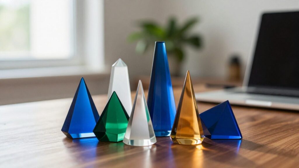 Conjunto de figuras geométricas de cristal de distintos colores y tamaños agrupadas sobre un escritorio de madera, simbolizando la diversificación de una cartera de inversión.