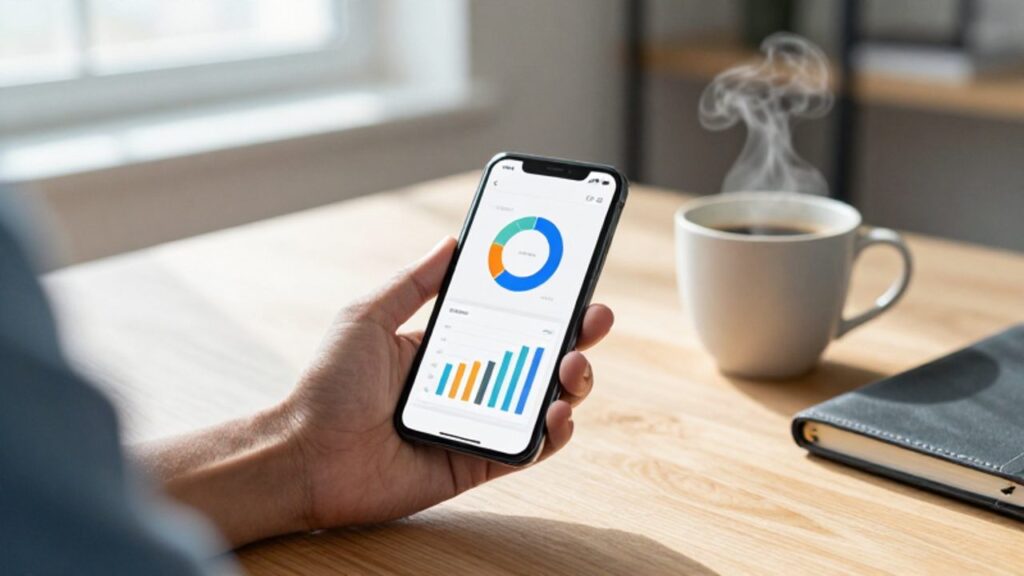 Manos sosteniendo un smartphone que muestra gráficos de finanzas personales sobre un escritorio ordenado con un café y una libreta.