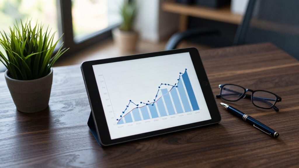 Una tablet sobre un escritorio de madera muestra un gráfico financiero con tendencia ascendente junto a unos lentes y una pluma.